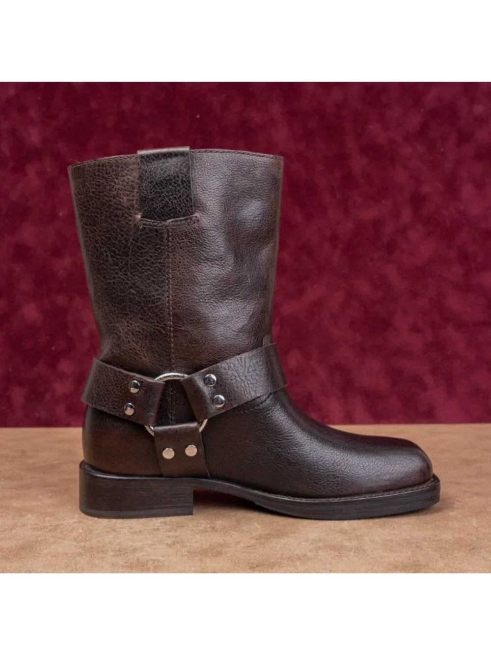 Tory Burch Women Double T Moto Fashion Dark Brown Leather Harness Boots sz 6